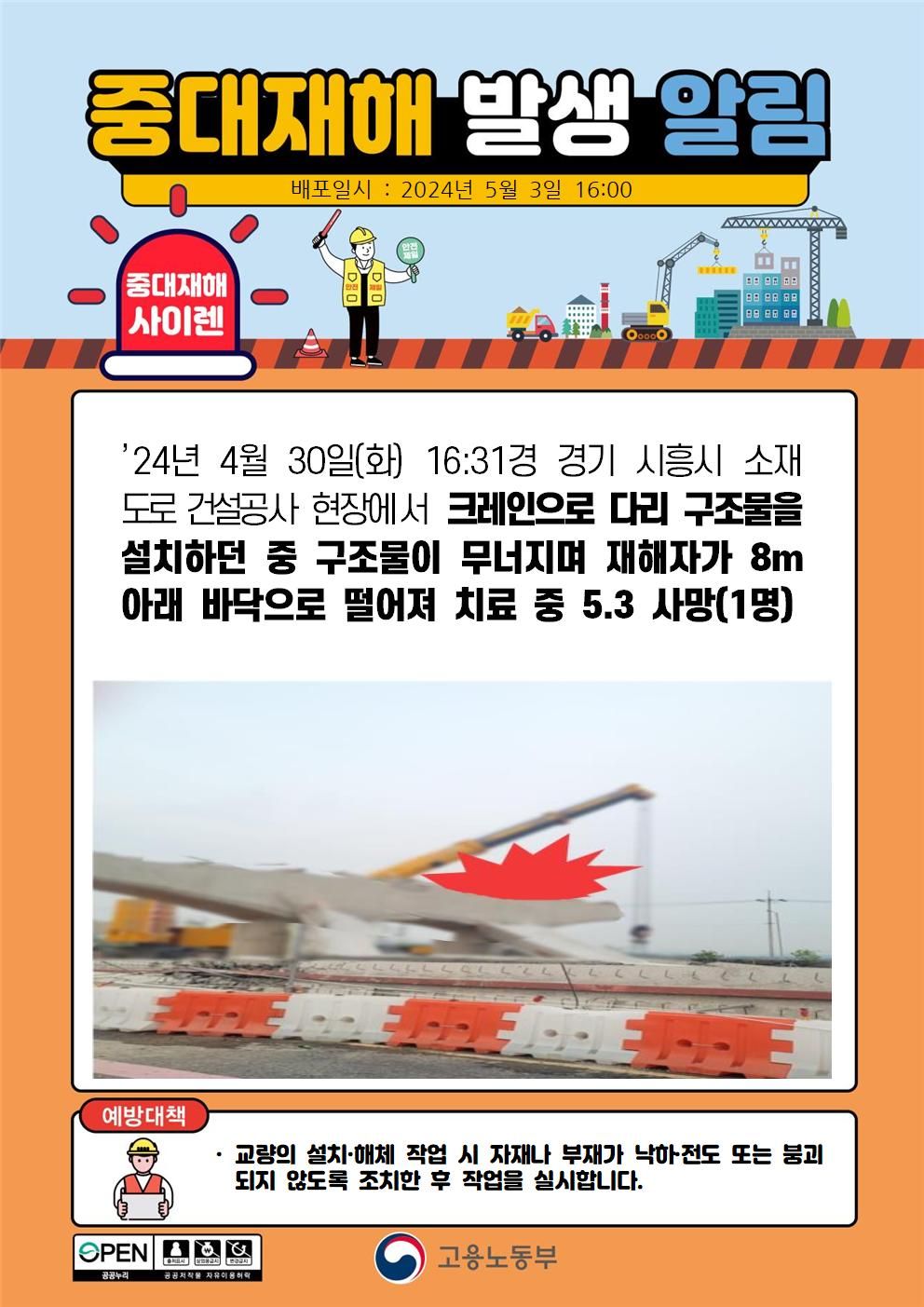 크레인으로 다리 구조물 설치 작업 중 구조물이 무너지며 떨어짐(8m)