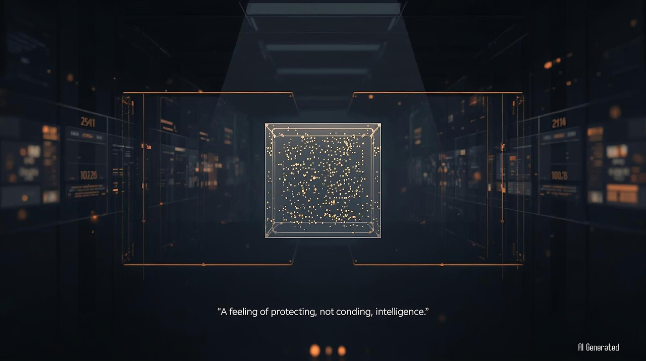 보호된 디지털 공간 안에 축적된 데이터 큐브가 조용히 빛나는 모습. 경험과 지식이 자산으로 보관된 상태를 상징하는 이미지