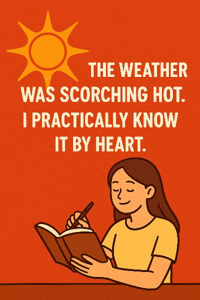 The weather was scorching hot.
I practically know it by heart.