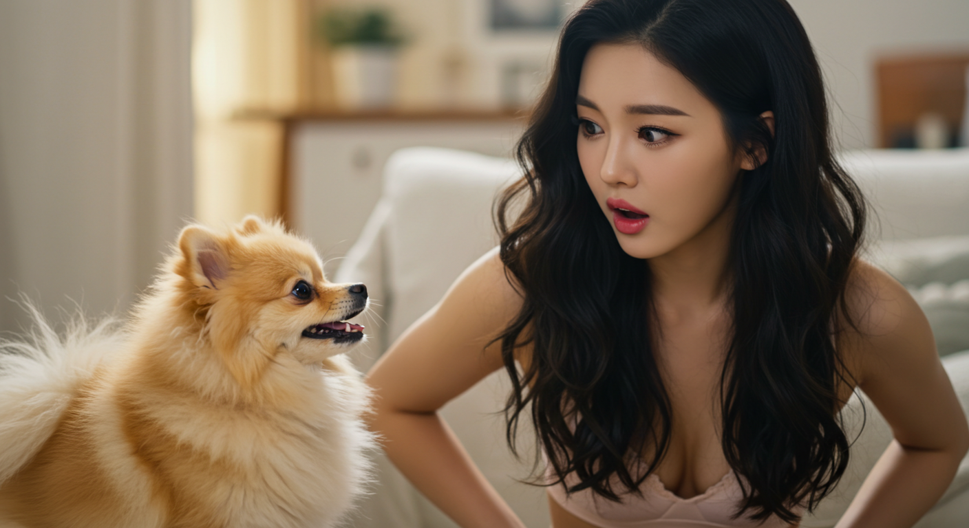 말하는 강아지에 놀라는 여성