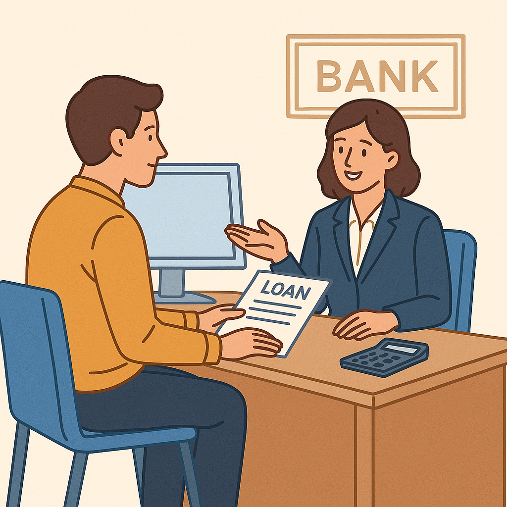 은행 창구에서 대출 신청을 상담하는 고객과 은행원 일러스트, 서류와 컴퓨터가 놓인 책상