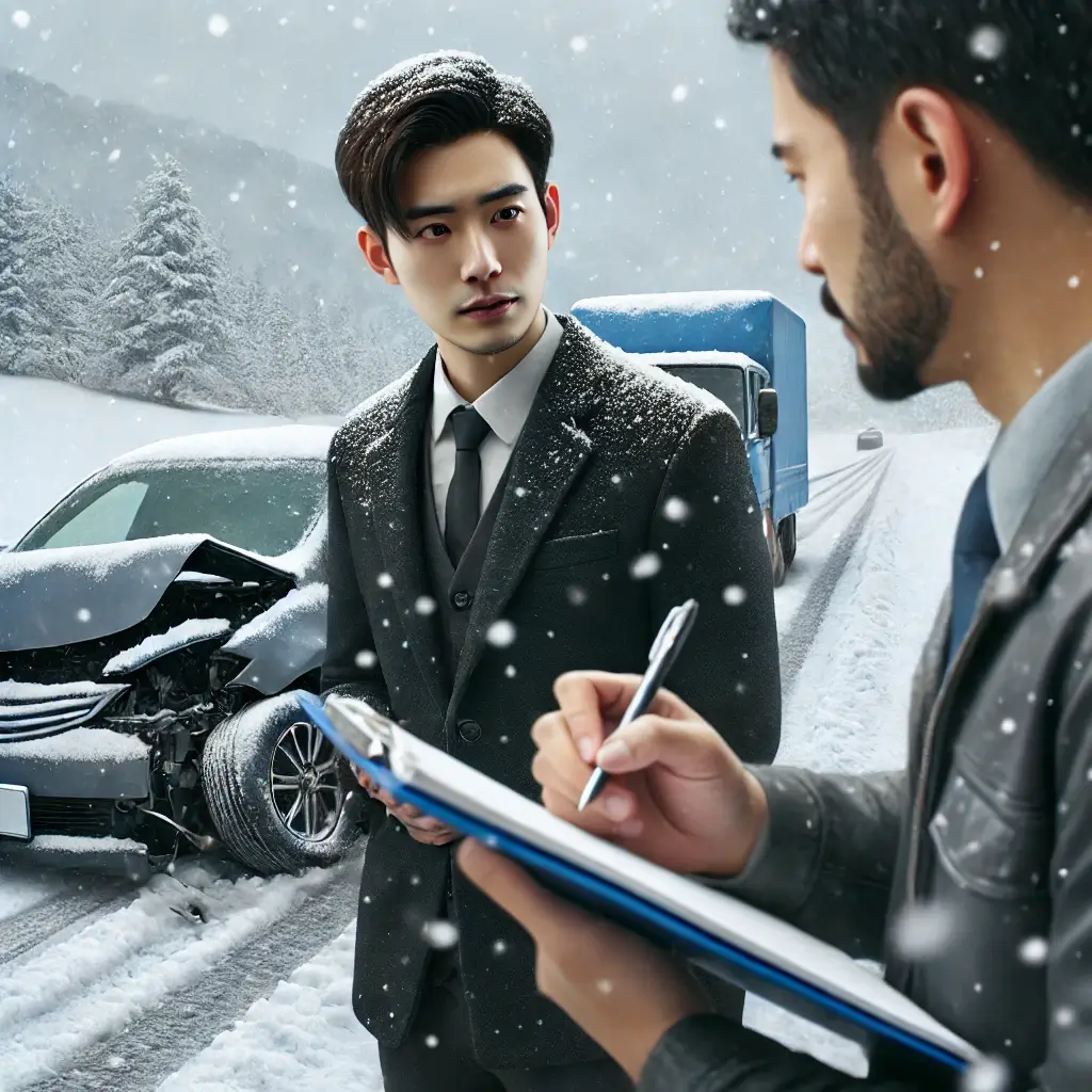 눈길에서 자동차 사고 후 보험사 직원과 대화하는 남성