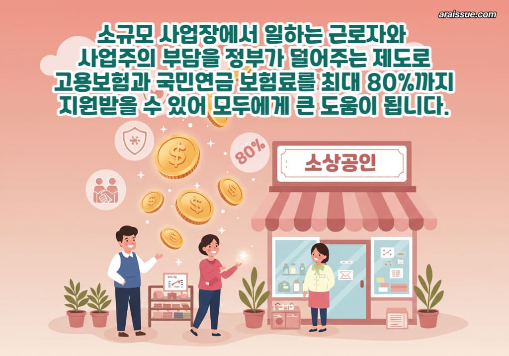소규모 사업장에서 일하는 근로자와 사업주의 부담을 정부가 덜어주는 제도입니다. 고용보험과 국민연금 보험료를 최대 80%까지 지원받을 수 있어 모두에게 큰 도움이 됩니다.