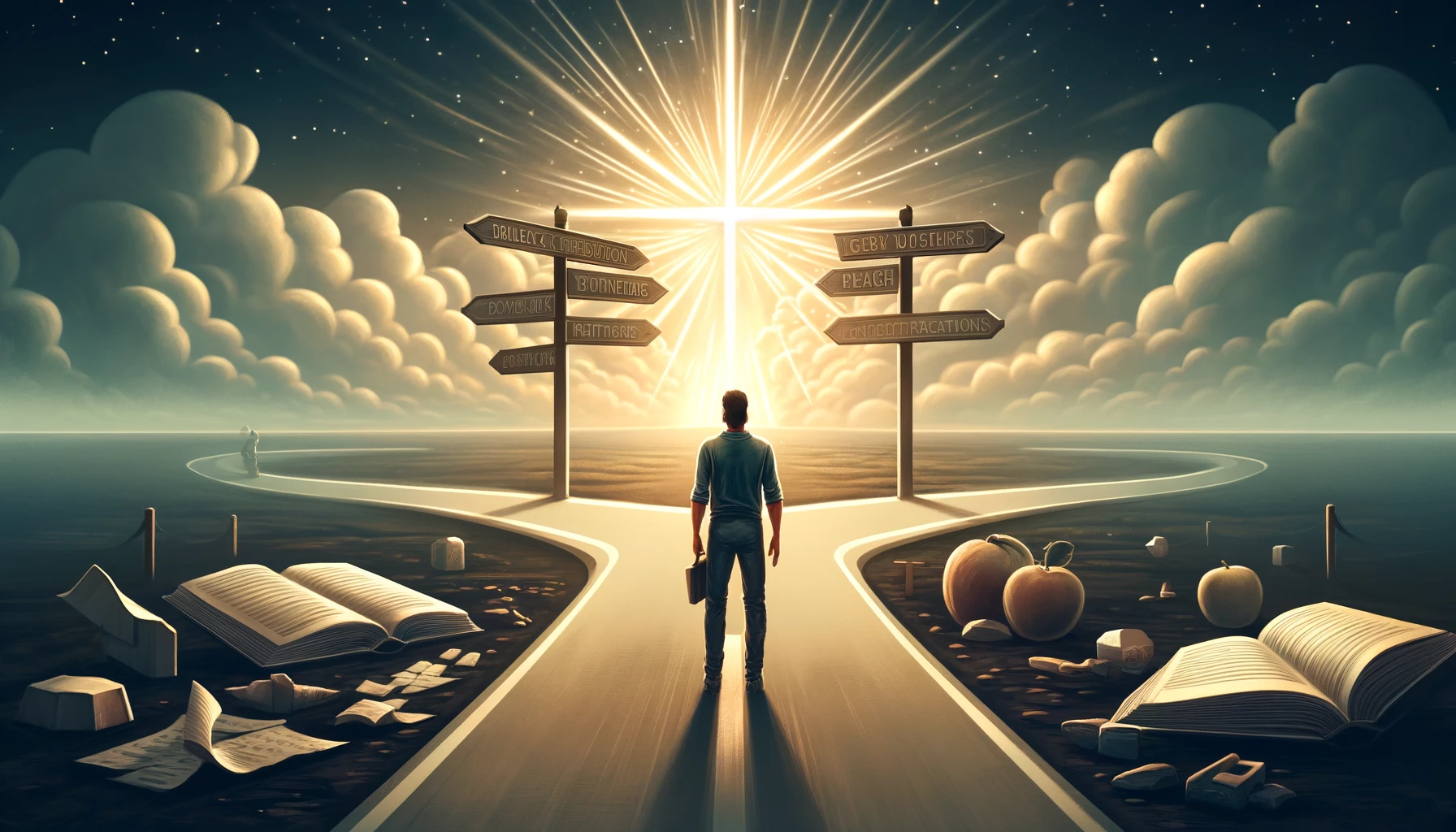 Here is the image depicting a modern individual making a decision to follow God's guidance rather than conforming to worldly views. The scene illustrates the individual at a crossroads, choosing the path illuminated by divine light, symbolizing God's perspective and guidance. The individual shows determination and faith, surrounded by elements that emphasize their spiritual journey. The atmosphere conveys a sense of divine guidance, purpose, and peace.