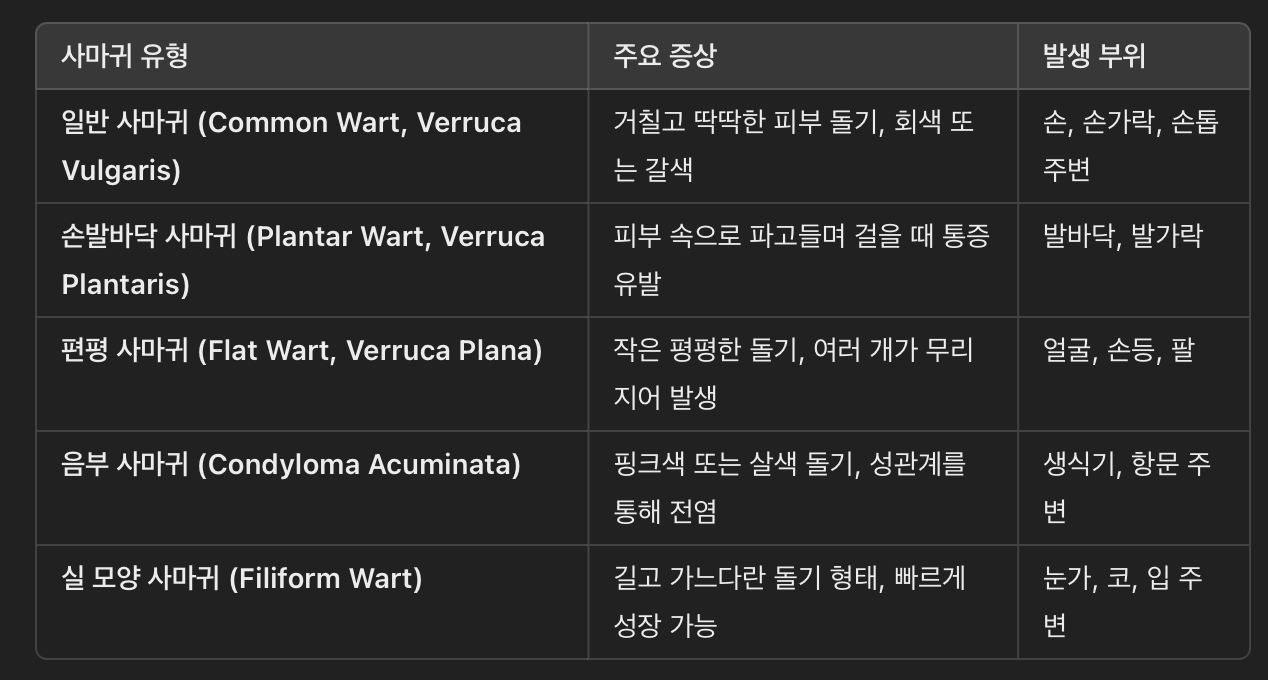 사마귀의 유형 & 증상