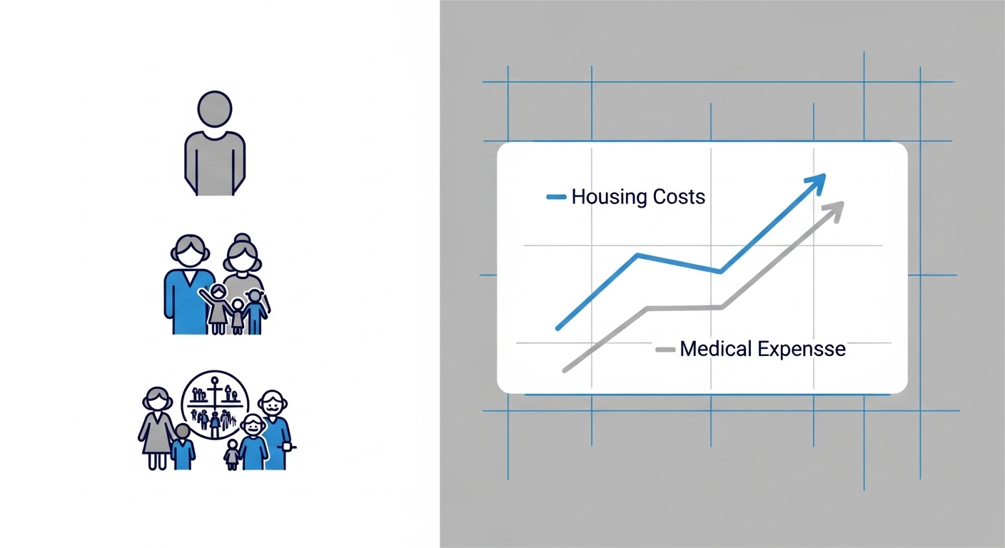 다양한 가구 형태와 주거비, 의료비 등 상승하는 생활비 그래프를 보여주는 그림. 복지 기준 개편의 필요성을 설명합니다.