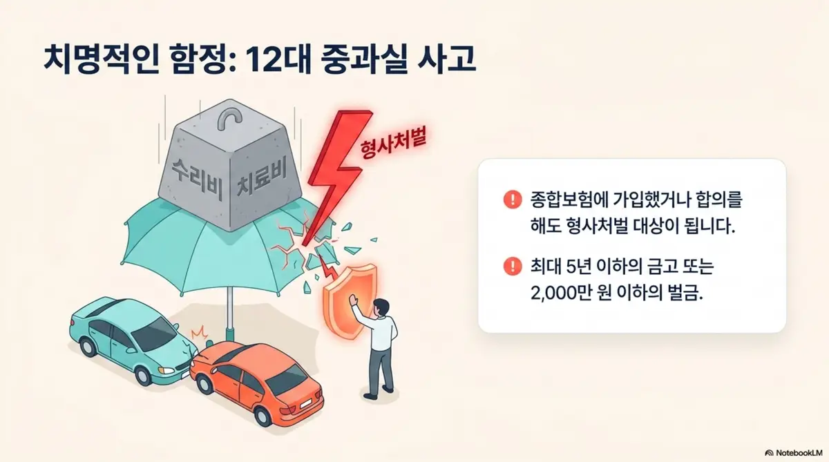 자동차보험 운전자보험 차이: 12대 중과실 사고의 치명적 함정을 우산이 부서지는 일러스트로 표현한 이미지. 종합보험에 가입했거나 합의를 해도 형사처벌 대상이 된다는 점과 최대 5년 이하 금고 또는 2000만 원 이하 벌금이라는 처벌 수위를 경고 형태로 시각적으로 전달함