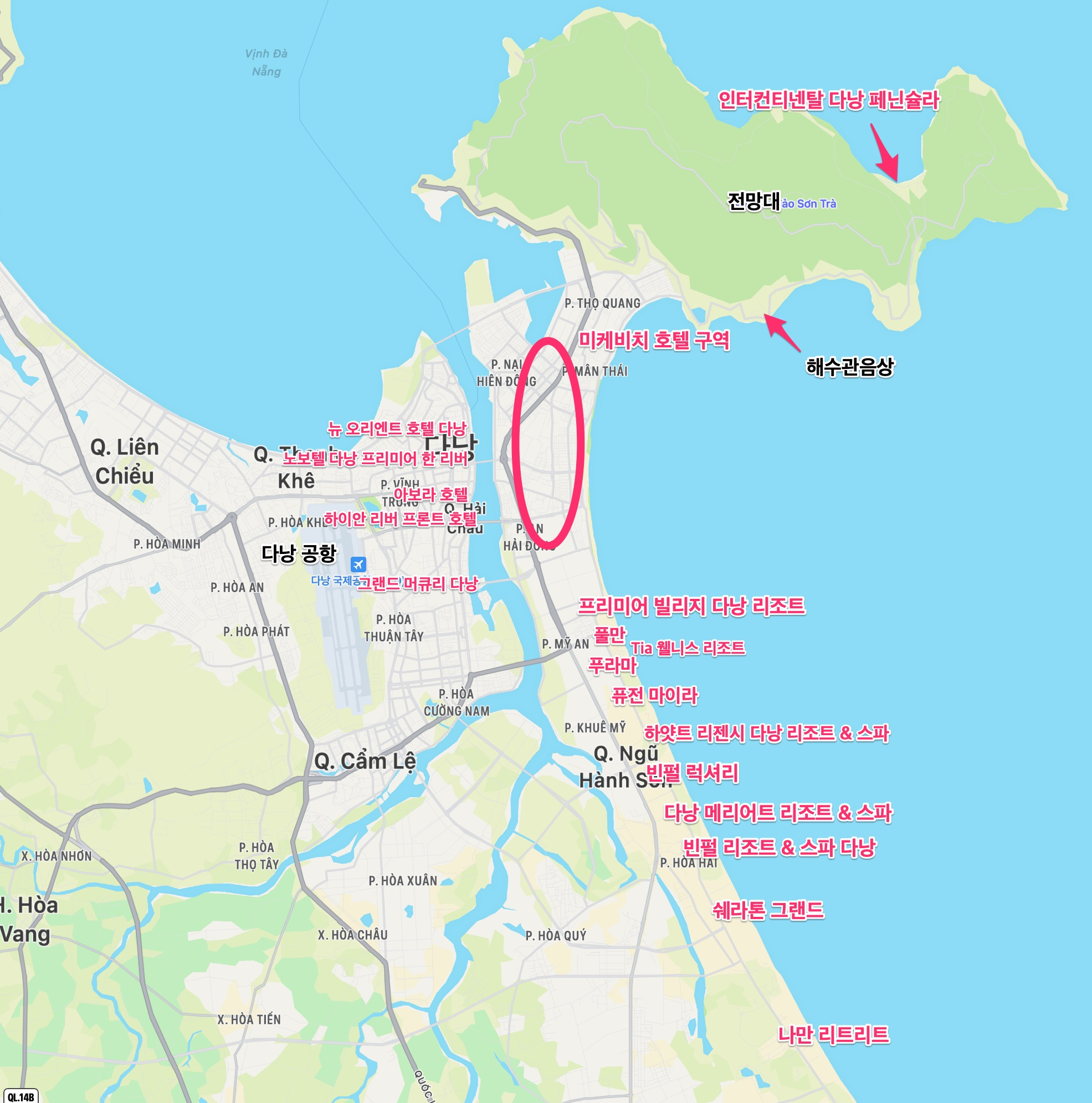 다낭 호텔 지도