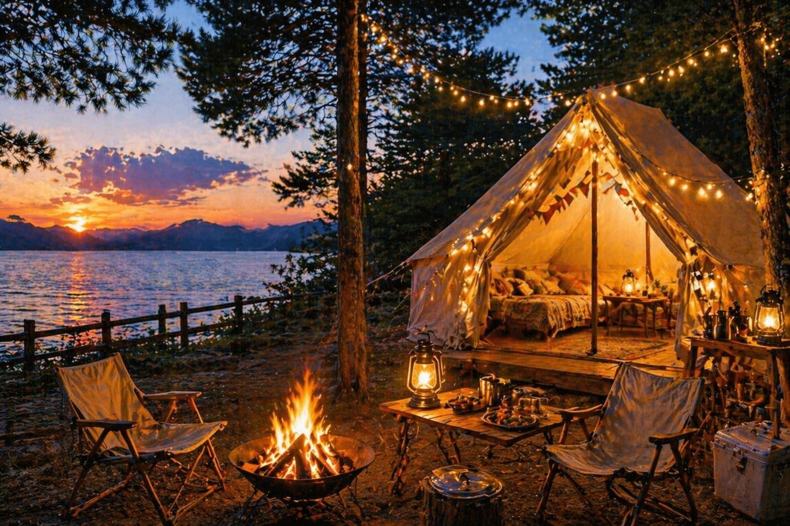 호숫가 노을과 감성 조명이 어우러진 글램핑 캠핑 국내 액티비티 여행 이미지