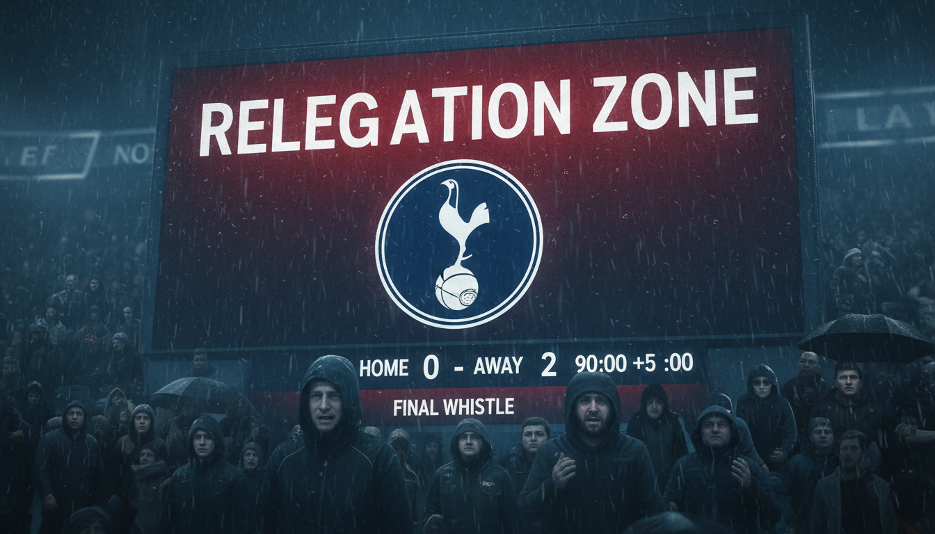 2026년 프리미어리그 강등 위기에 처한 토트넘 홋스퍼 경기장의 긴장감 넘치는 모습.