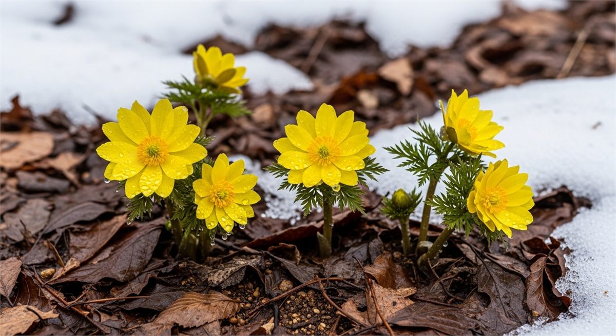 눈 녹은 숲바닥에서 피어난 복수초 클로즈업 