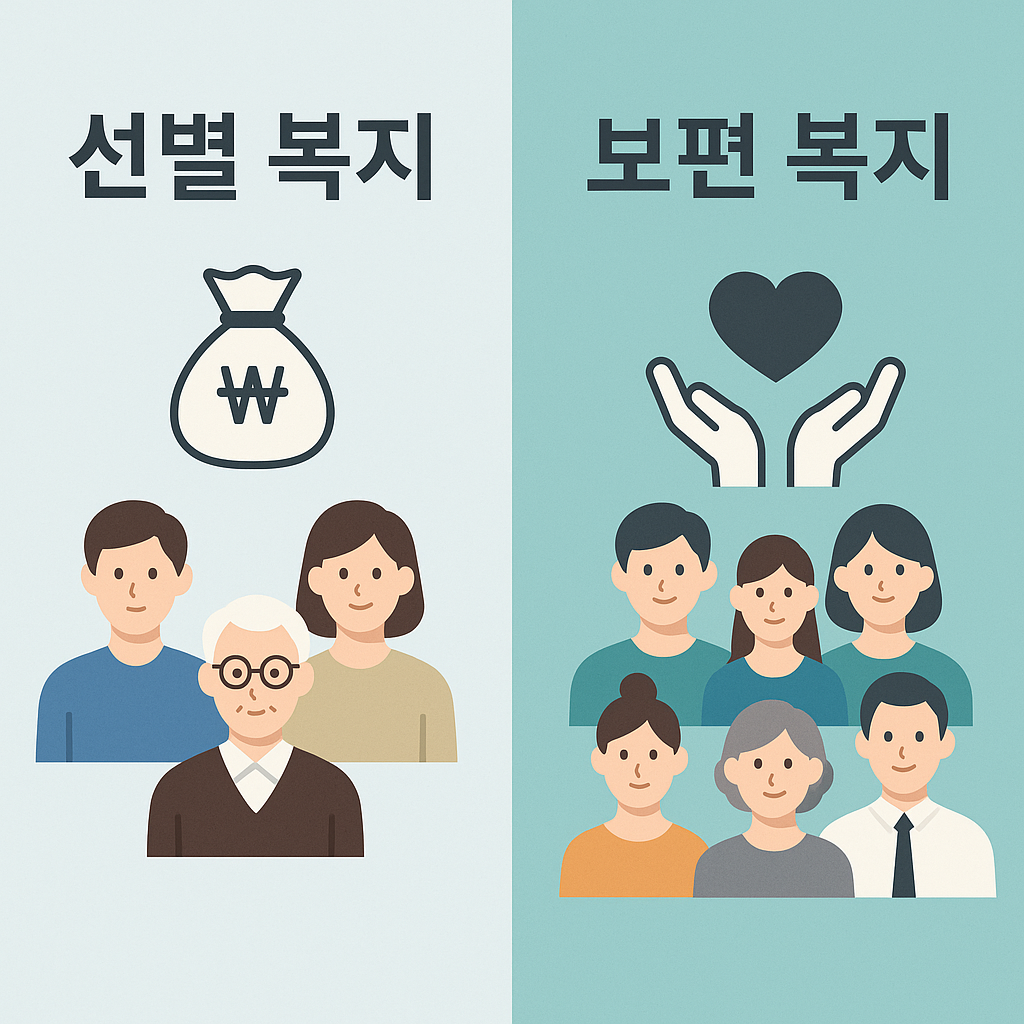 선별복지와 보편복지를 비교하여 표현한 복지정책 변화의 장단점 이미지
