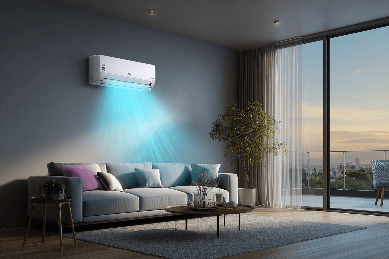 거실의-벽걸이-에어컨이-찬바람을-내보내는-효과-이미지