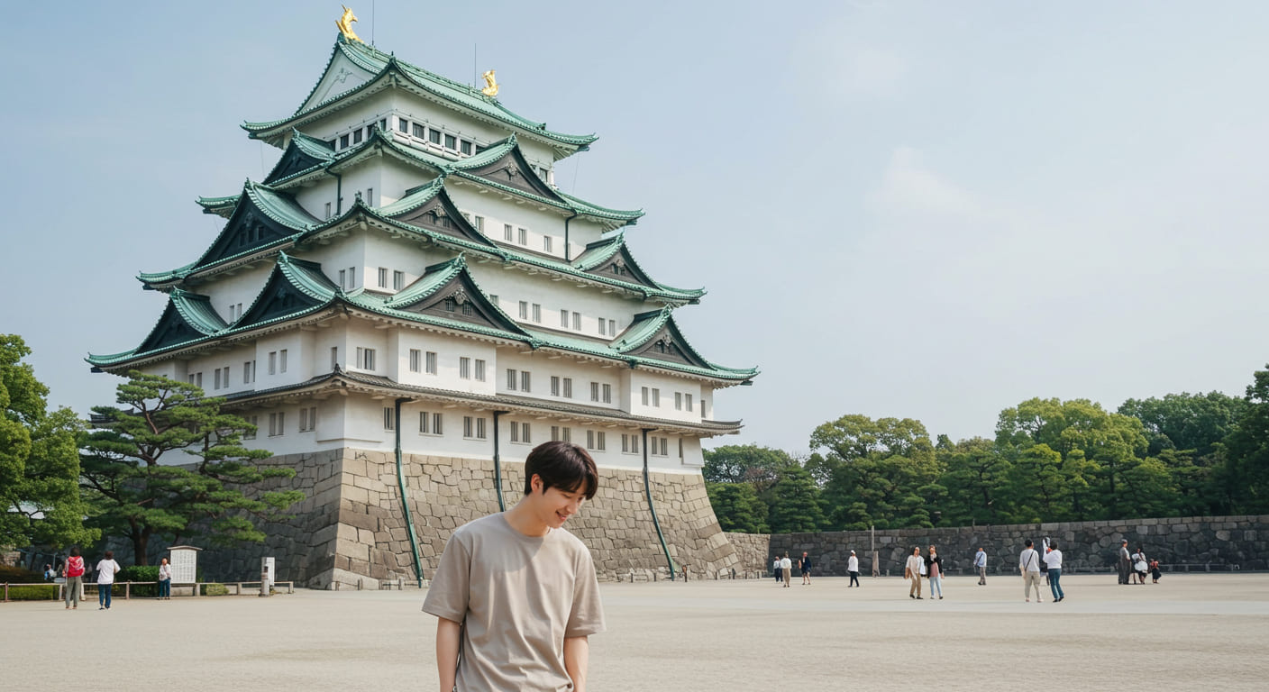 나고야성 앞에서 기념사진 찍는 한국인 여행객