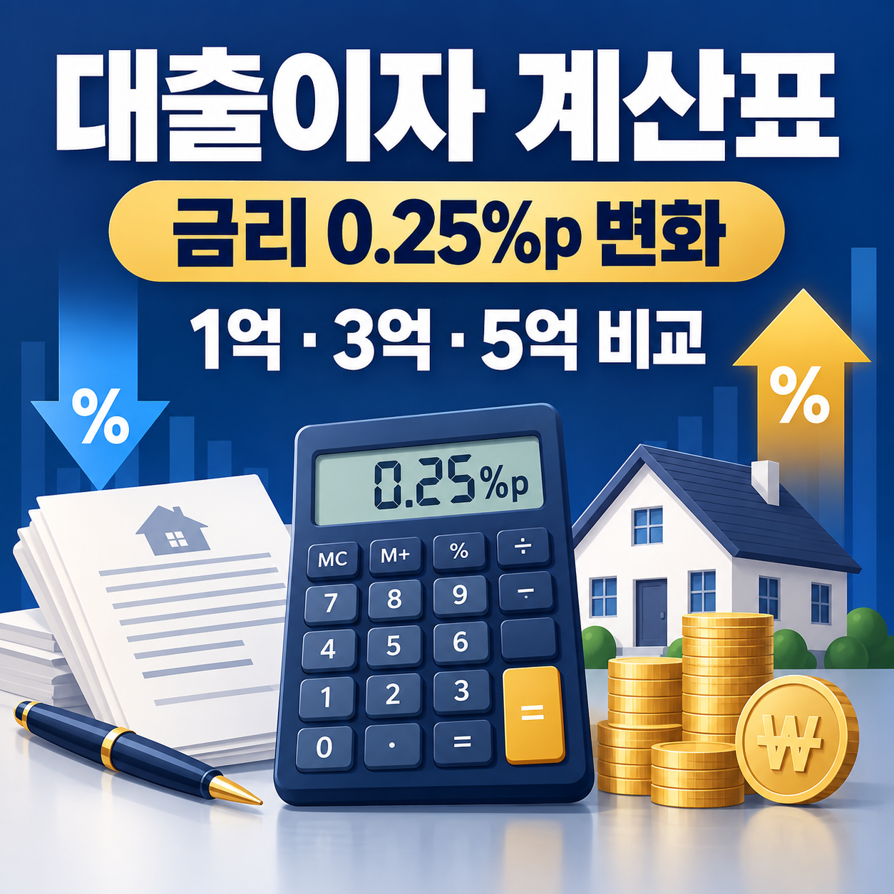 기준금리 0.25%p 인상 시 대출이자 계산표 - 1억·3억·5억 월 부담 비교