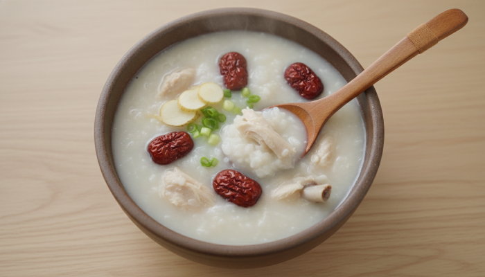 김이 모락모락 나는 영양 가득한 인삼 닭다리 살 찹쌀죽