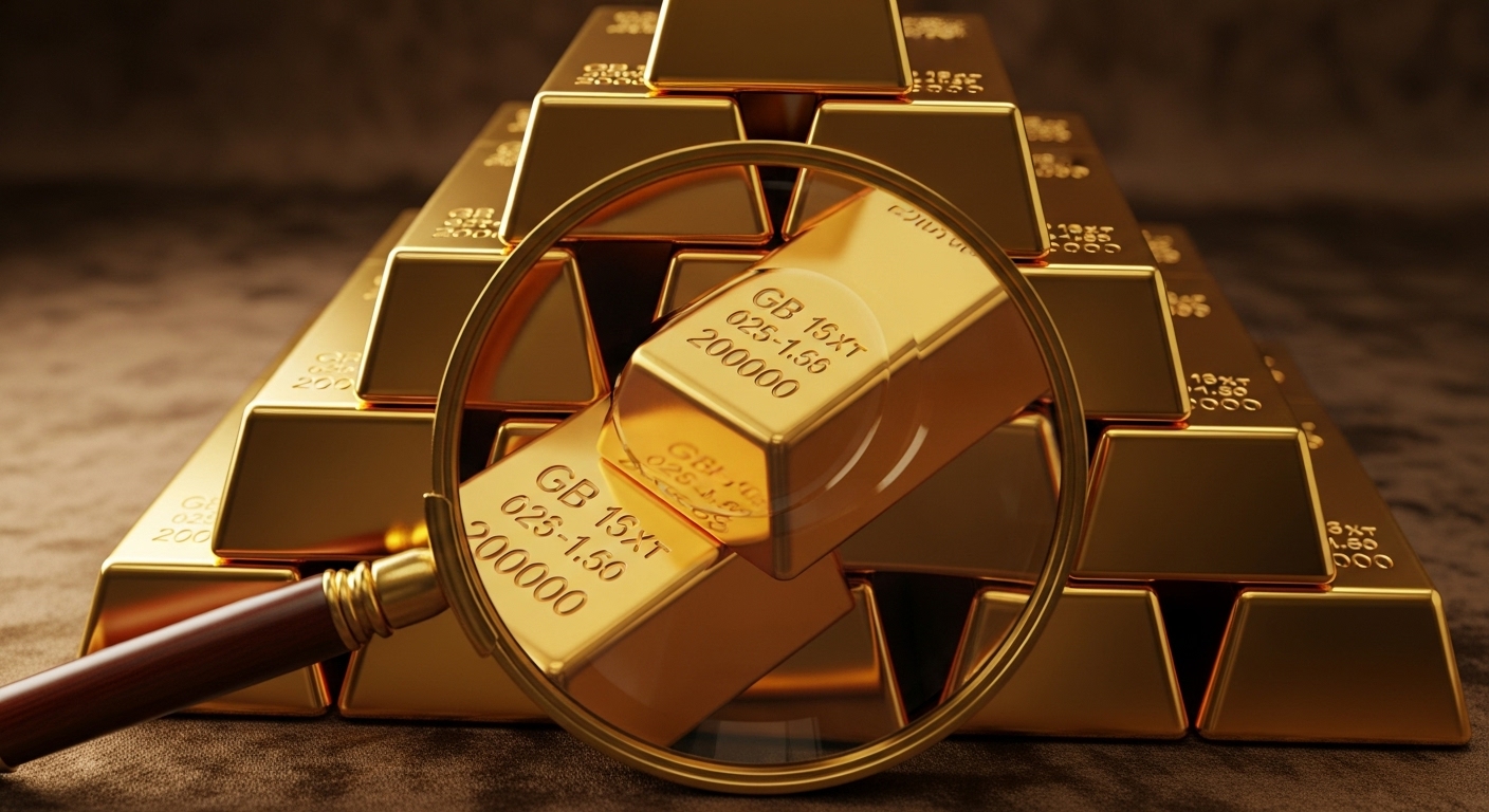 금괴를 쌓아 올린 피라미드와 그 앞에 놓인 돋보기