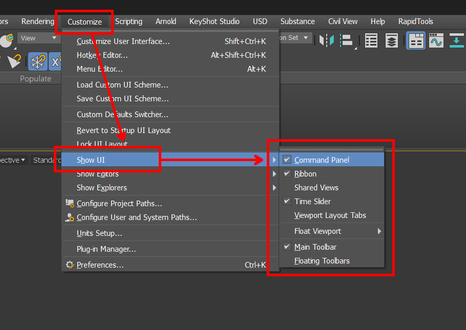 Customize > Show UI 목록