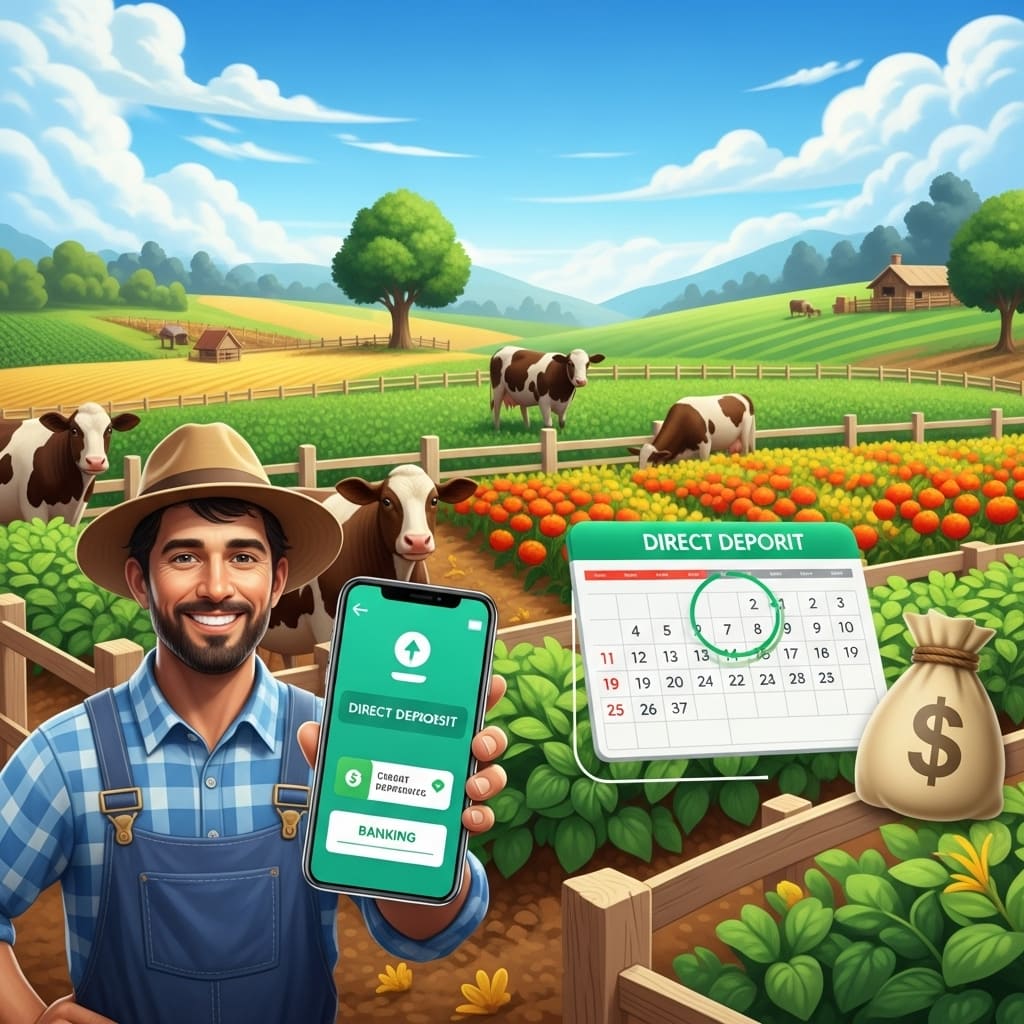 스마트폰으로 공익직불금 입금 내역을 확인하며 미소 짓는 농부. 뒤로는 푸른 농경지와 풍성한 작물들이 펼쳐져 농업의 풍요로움과 안정적인 소득을 상징합니다.