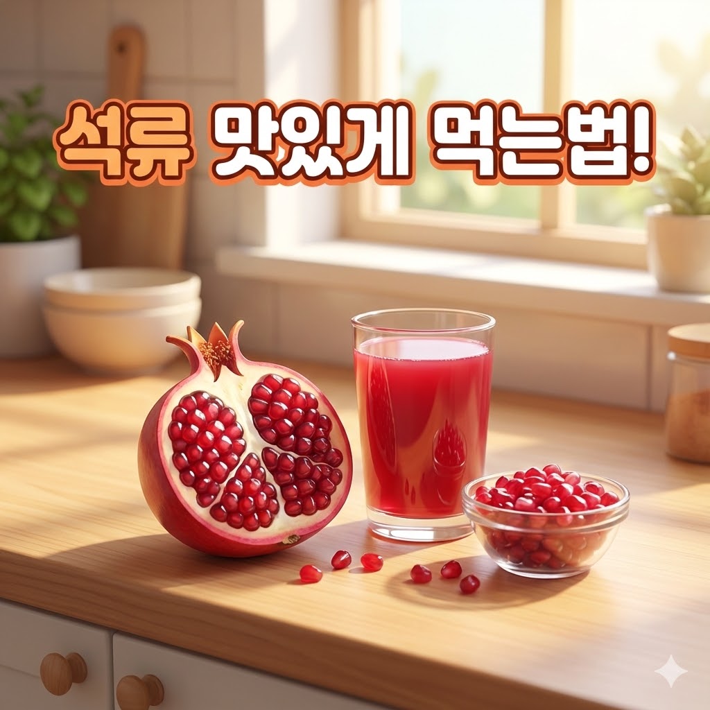 영롱한 붉은색 석류와 신선한 석류 주스가 놓인 건강하고 매력적인 장면