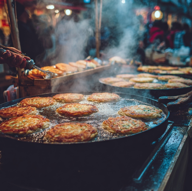 시장에서 녹두전을 파는 모습