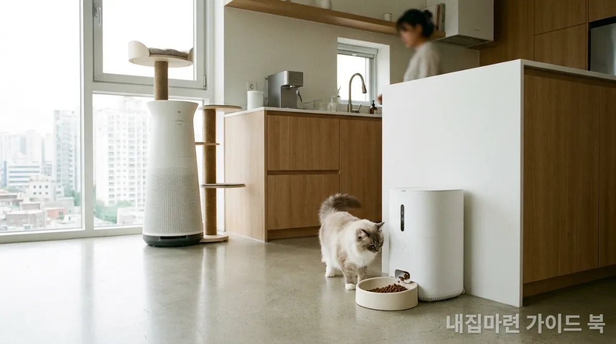 스마트 펫 가전이 있는 한국 가정의 현대적인 주방