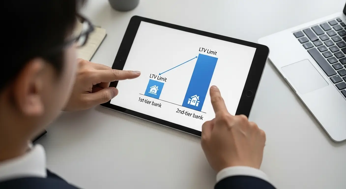 태블릿 화면의 비교 차트를 통해 1금융권과 2금융권의 LTV 한도 차이를 확인하는 모습