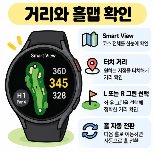 Smart View에서 홀맵과 거리, 터치 위치, 좌우 그린, 홀 자동 전환을 확인하는 방법을 보여주는 카드