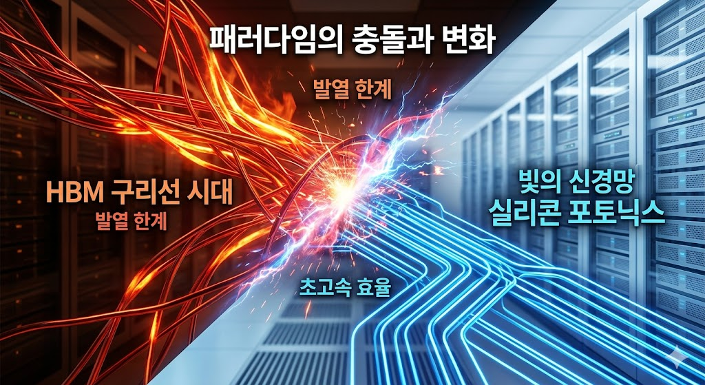 구리선 방식의 발열 한계와 실리콘 포토닉스 광 전송 방식의 효율성을 대비한 인포그래픽형 이미지