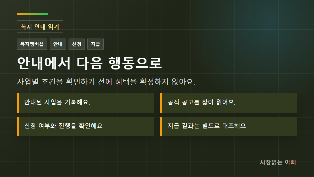 확인 순서: 안내된 사업을 기록해요.; 공식 공고를 찾아 읽어요.; 신청 여부와 진행을 확인해요.