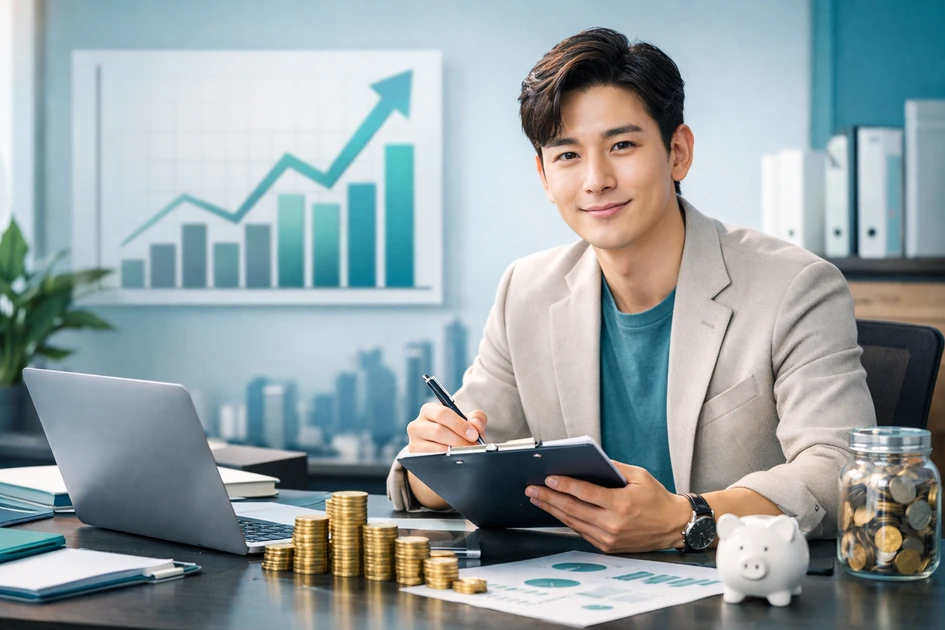 사무실 책상에서 클립보드를 들고 서류를 확인하는 젊은 창업가와 노트북, 동전, 돼지저금통, 상승 그래프가 함께 보이는 청년 창업 자금 안내 이미지