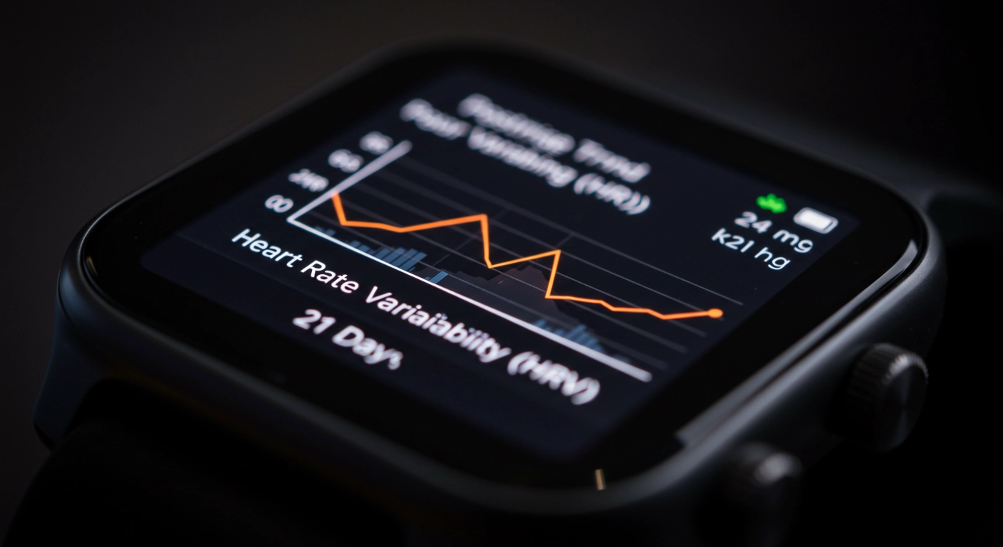5분 규칙 21일 챌린지 후 스마트워치에 기록된 심박변이도(HRV) 그래프. 스트레스 관리 능력이 꾸준히 향상된 긍정적인 데이터를 보여주는 화면.