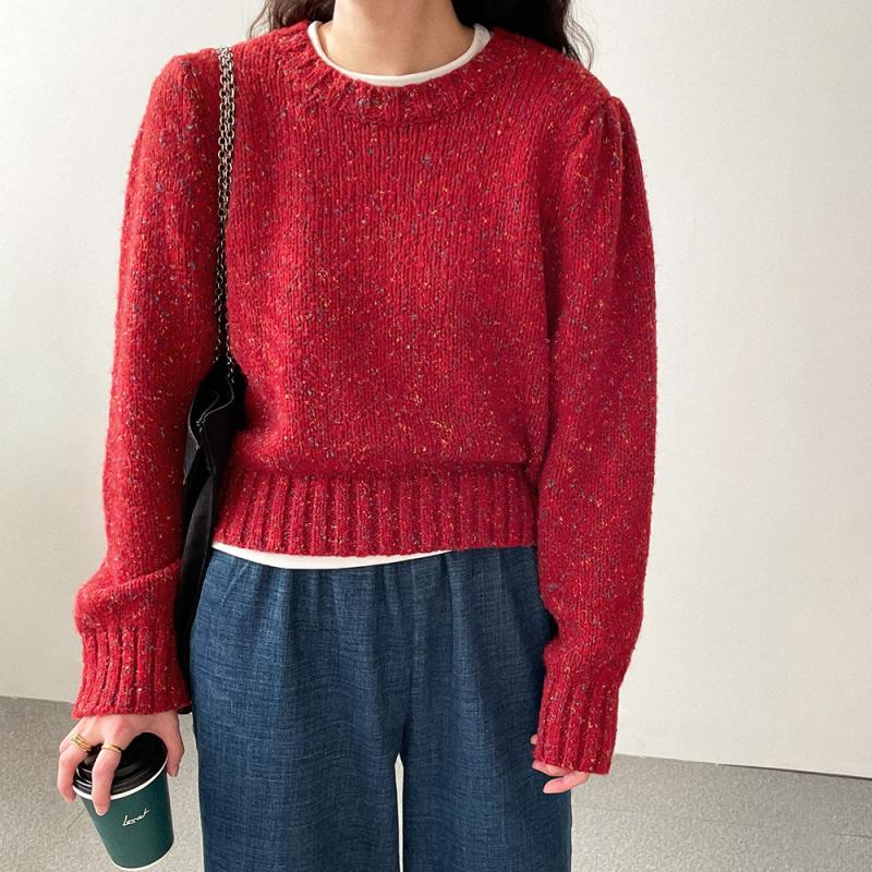 알록달록 셔링 어깨 퍼프 니트 보카시 여자 크롭 니트 레드 네이비