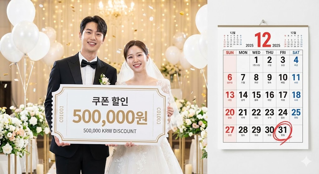 웨딩드레스를 입은 커플이 '50만 원 공제' 쿠폰을 들고 웃고 있고, 옆에는 2025년 달력이 마감 임박을 알리는 일러스트