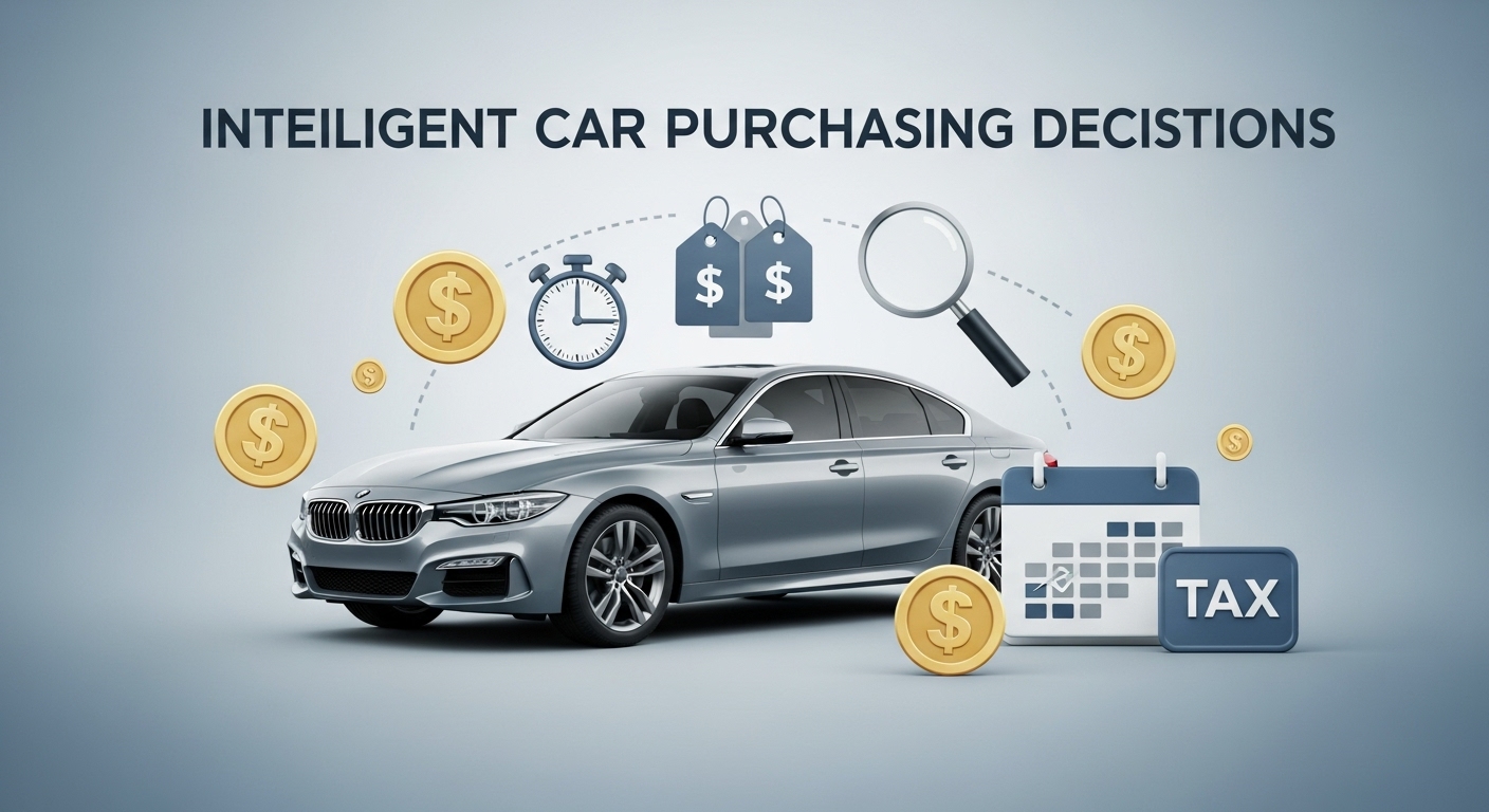 가격 비교, 세금 분석, 금융 상품 선택 등 현명한 자동차 구매 과정을 나타내는 그래픽. 세련된 자동차 주변으로 돈, 돋보기, 세금 관련 아이콘이 배치되어 있습니다.