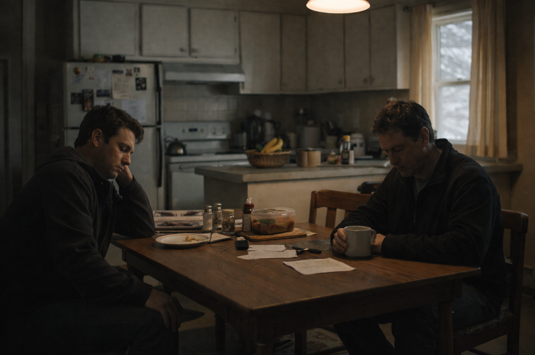 겨울빛이 들어오는 소박한 식탁에 두 사람이 어색한 침묵 속에 떨어져 앉아 있는 장면