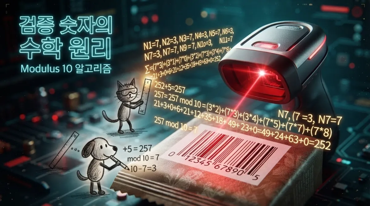 바코드 레이저 스캐너 스캔 과정과 마지막 검증 숫자(체크디지트) 계산 원리를 형상화한 기술 이미지 - 빨간 레이저 빔과 Modulus 10 수식이 보이는 미래적 일러스트와 스틱 캣&middot;스틱 도그