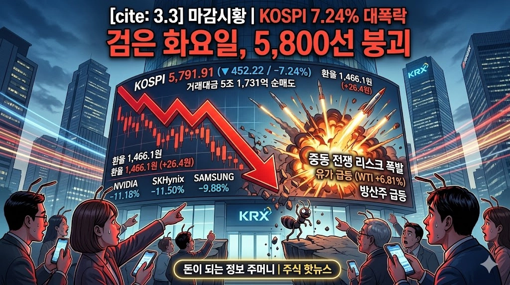 중동 전쟁 리스크에 코스피 7% 폭락 '검은 화요일'&hellip;5,800선 붕괴