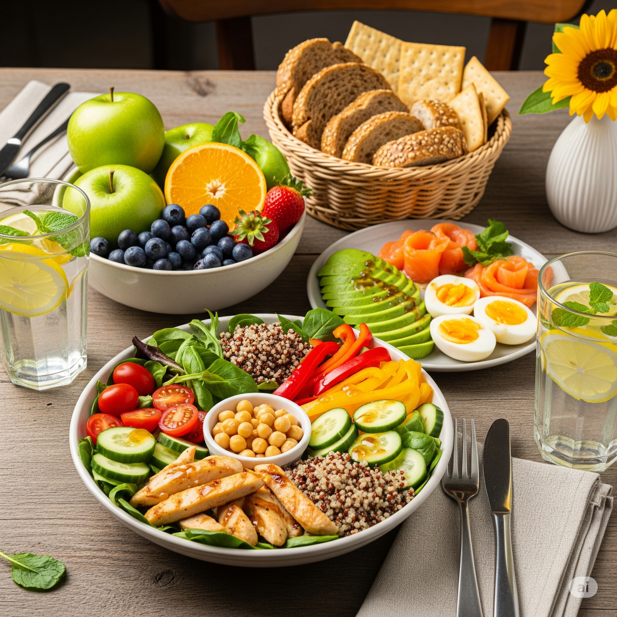 나무 식탁에 놓인, 다양한 재료로 구성된 건강한 식단 조합. 구운 닭고기와 퀴노아가 들어간 신선한 샐러드, 아보카도, 삶은 달걀, 훈제 연어가 담긴 접시, 그리고 신선한 과일과 통곡물 빵이 함께 어우러져 있습니다. 레몬과 민트가 들어간 물잔도 보입니다.