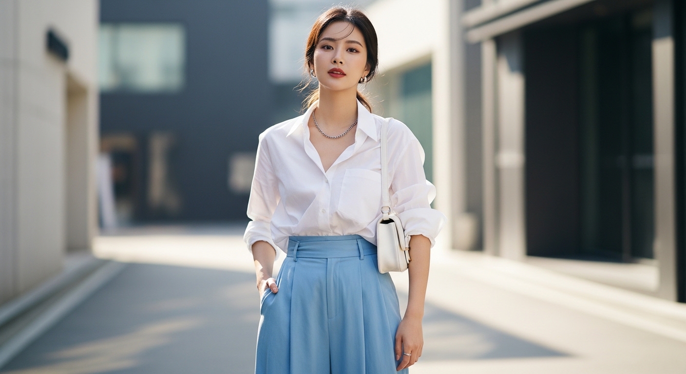 화이트 탑에 시원한 스카이 블루 와이드 팬츠를 매치한 세련된 패션 스타일링