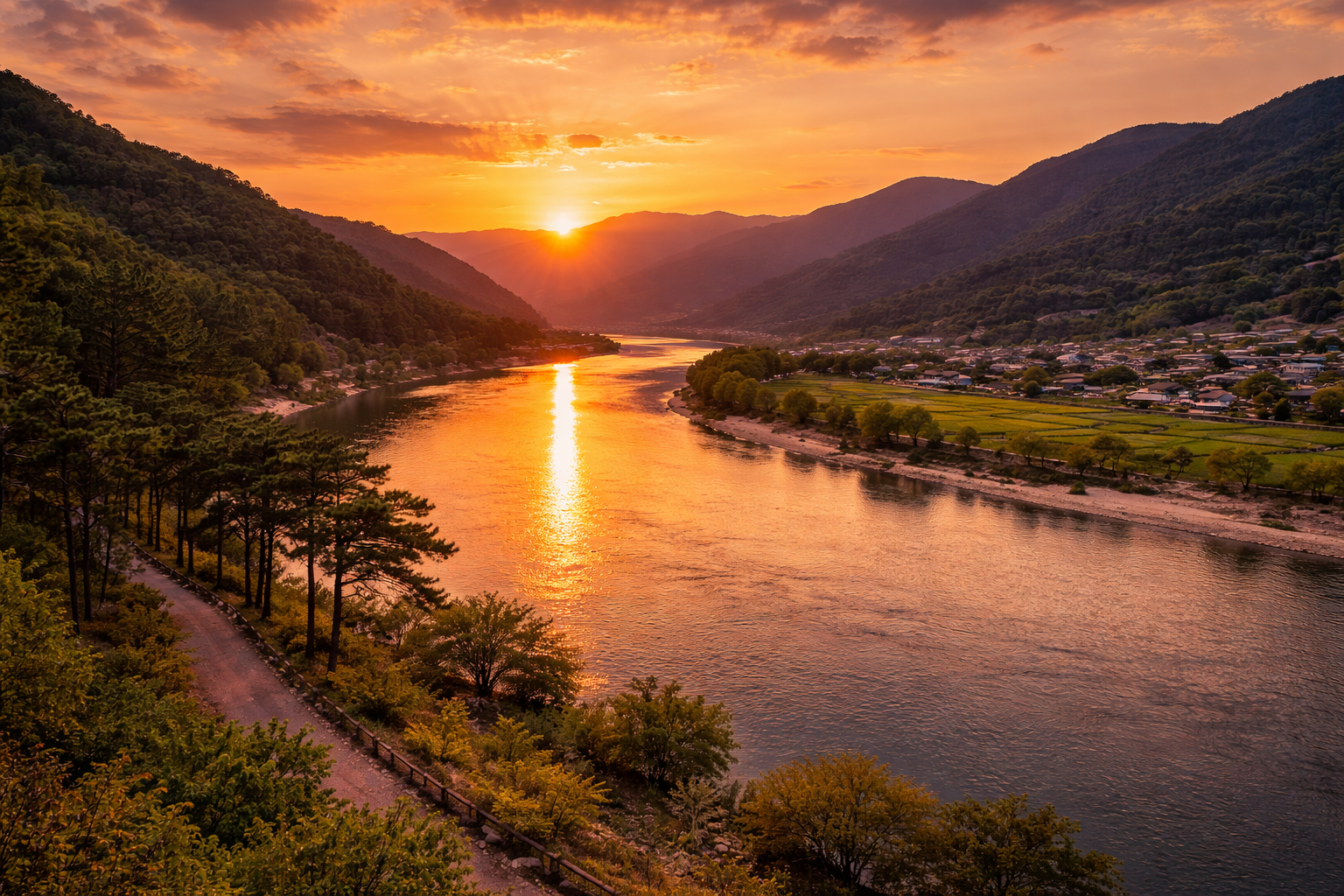 섬진강 노을 풍경 사진 (AI 생성)