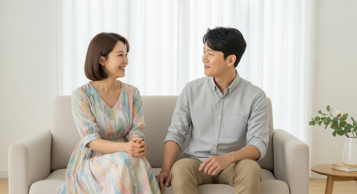 밝은 배경의 집에서 공동명의 부부가 함께 대화하는 모습