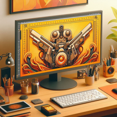 컴퓨터 화면 속 기계적인 디자인이 강조된 일러스트, 미래적이고 창의적인 작업 환경을 표현.