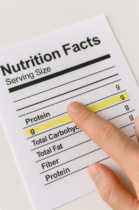 라벨의 단백질&middot;당&middot;지방 항목을 확인하는 손.