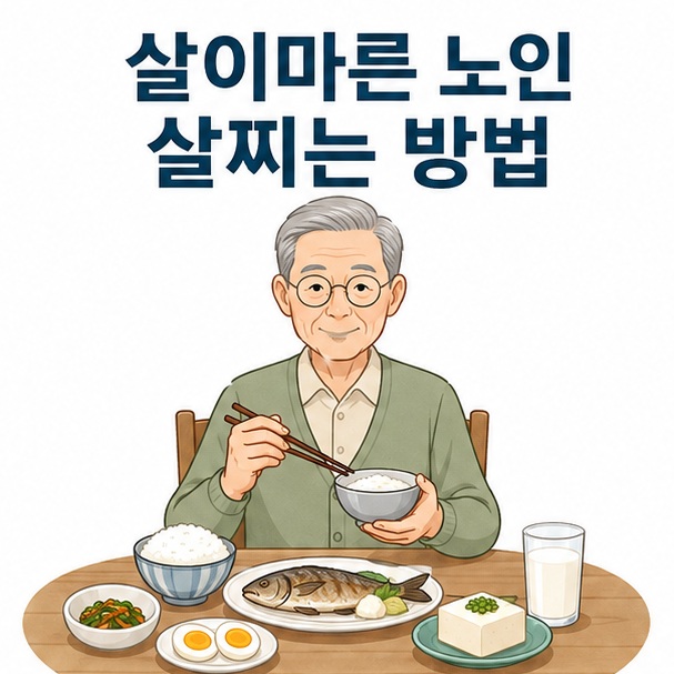 균형 잡힌 식사를 앞에 둔 마른 노인을 표현해 살이마른 노인의 건강한 체중 증가 방법을 설명한 대표 이미지