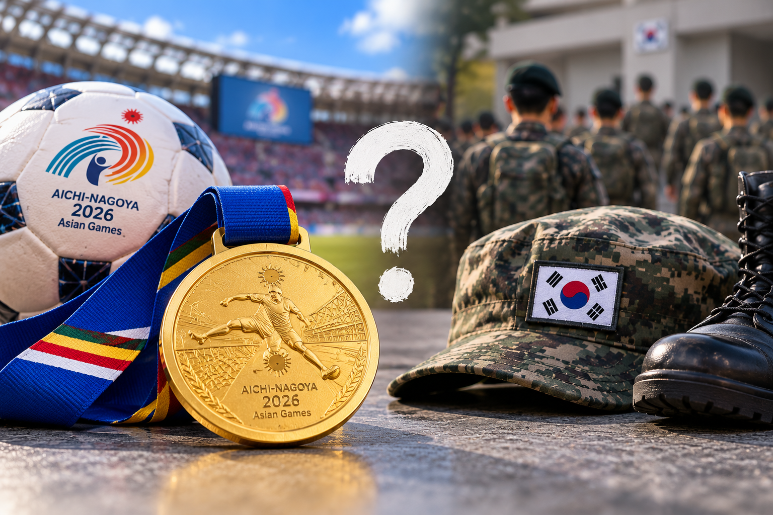 2026 아시안게임 금메달 선수의 병역특례 적용 여부를 상징하는 축구공과 금메달, 군모 이미지