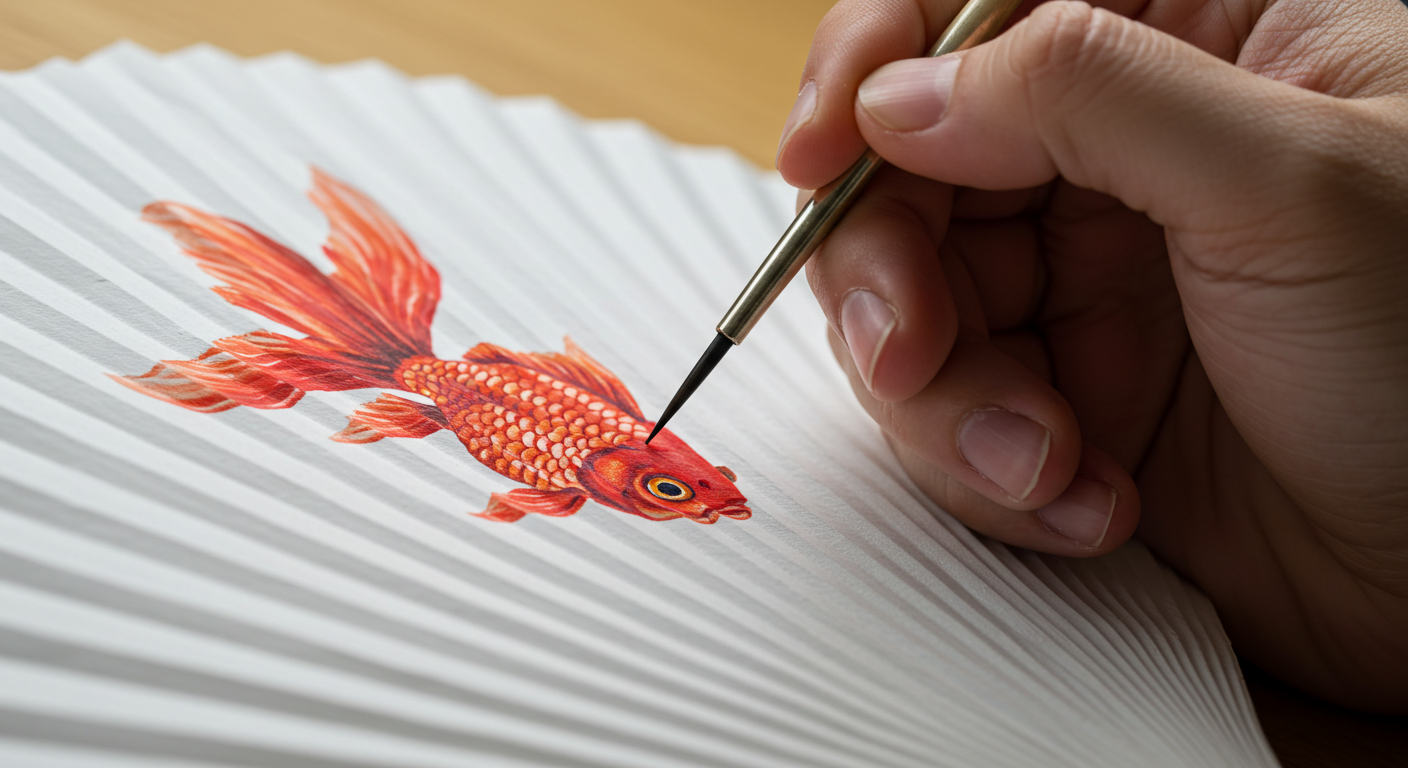 부채에 금붕어를 그리는 손