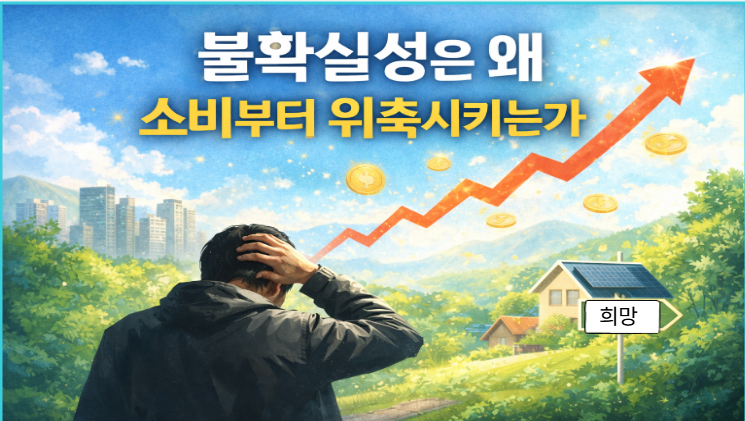 불확실한 경제 상황 속에서 고민하는 남성과 상승 그래프, 희망 방향 표지판이 함께 있는 경제 심리 이미지