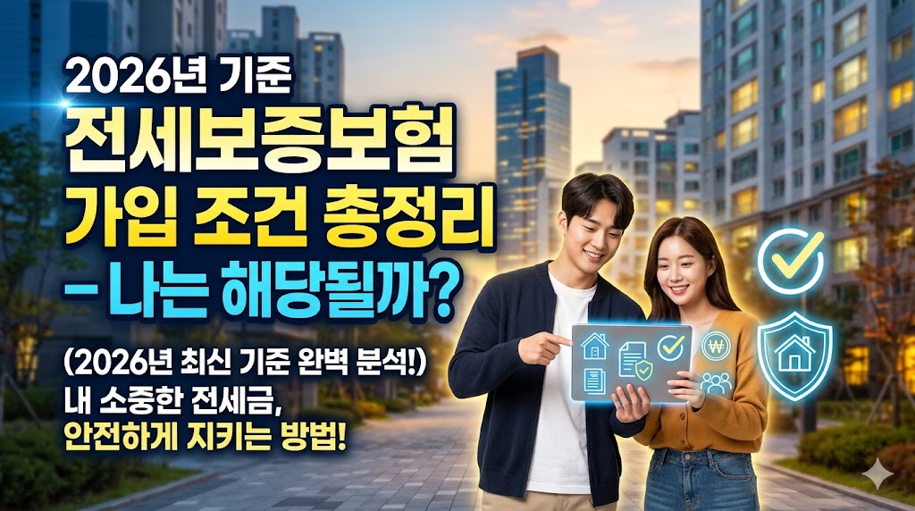 현대적인 고층 아파트 단지를 배경으로 미소를 지으며 태블릿 PC를 바라보고 있는 젊은 남녀 부부의 모습. 태블릿 화면과 그 주변에는 주택 보장, 안전 체크마크, 금융 보호를 상징하는 네온 그래픽 아이콘들이 빛나고 있다.