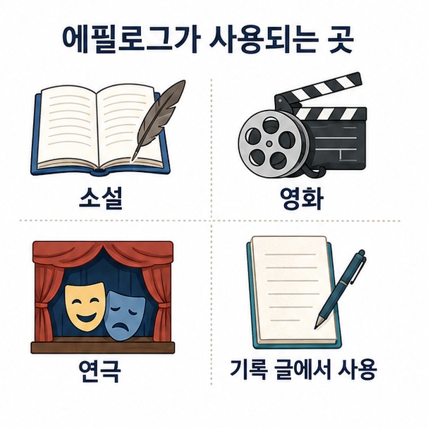 소설과 영화, 연극, 에세이에서 에필로그가 사용되는 예를 정리한 이미지